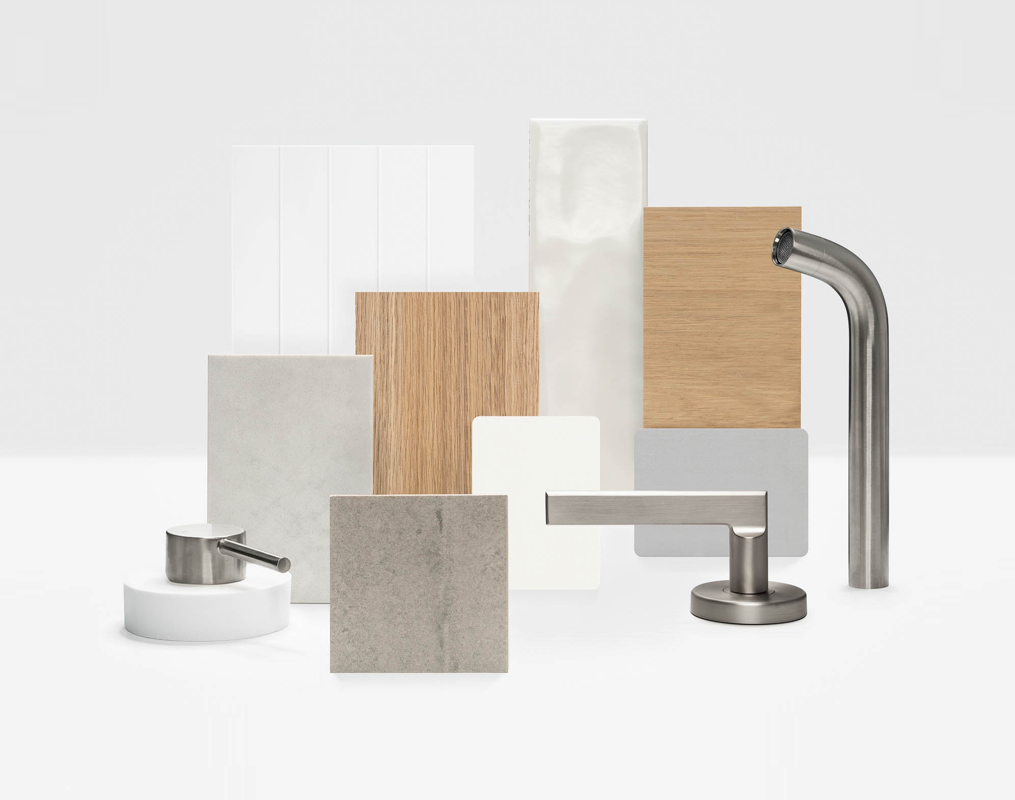 Material palette featuring timber, concrete, and brushed steel tapware against neutral backdrop