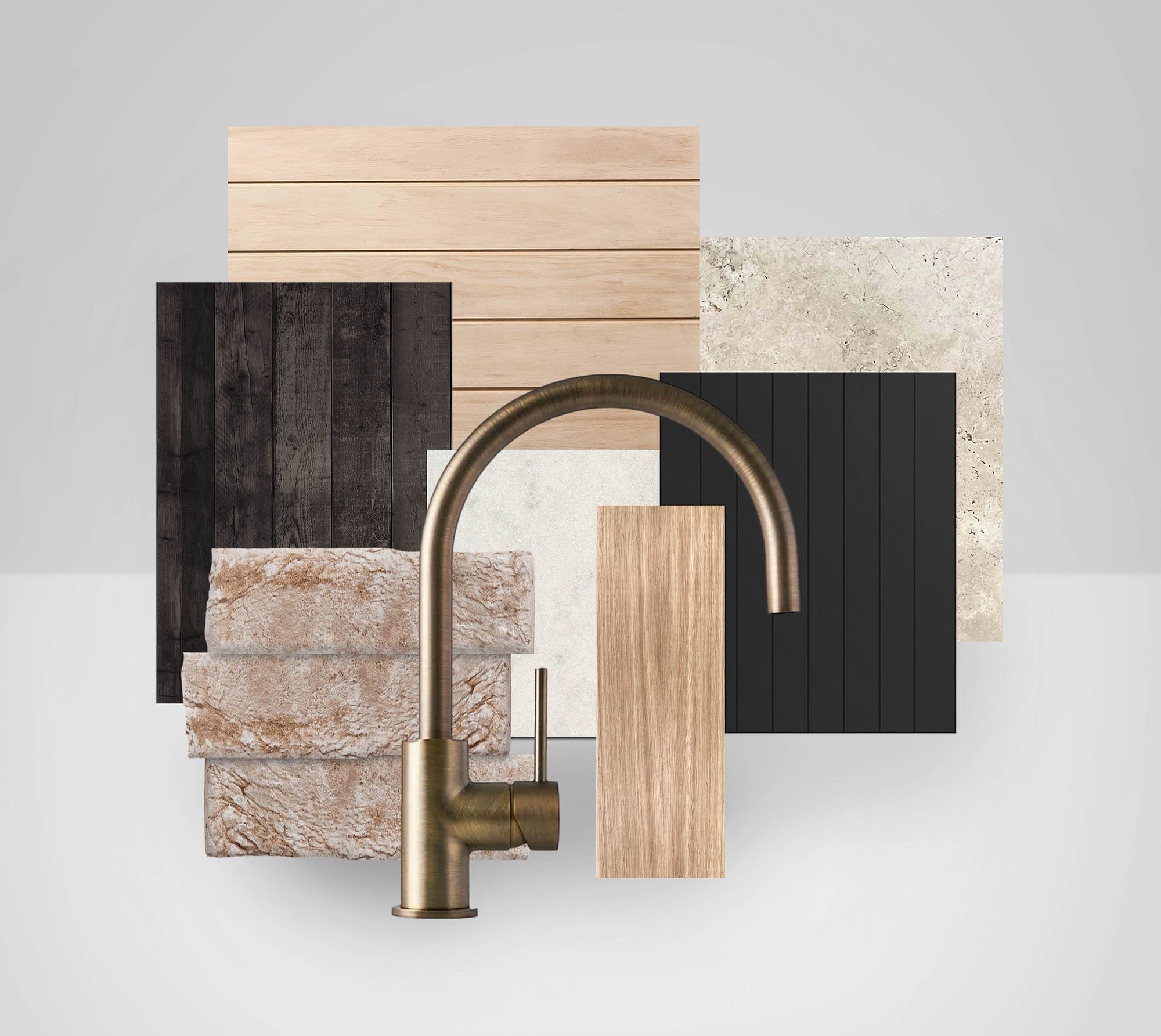 Material palette featuring brass tapware, charcoal timber cladding, natural stone, and pale timber samples arranged in architectural composition.