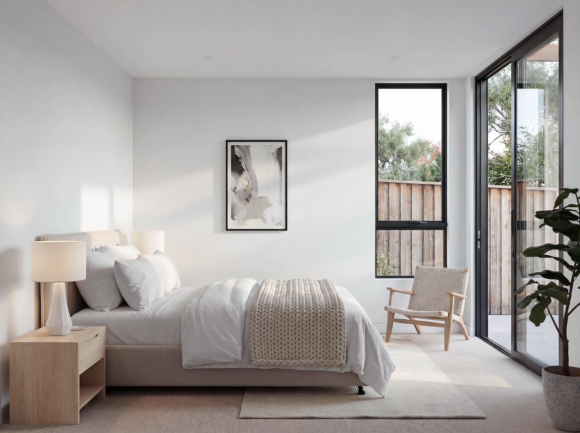 Bedroom with American oak bedside joinery, linen bedding, and black-framed glazing opening to timber screening and established garden.