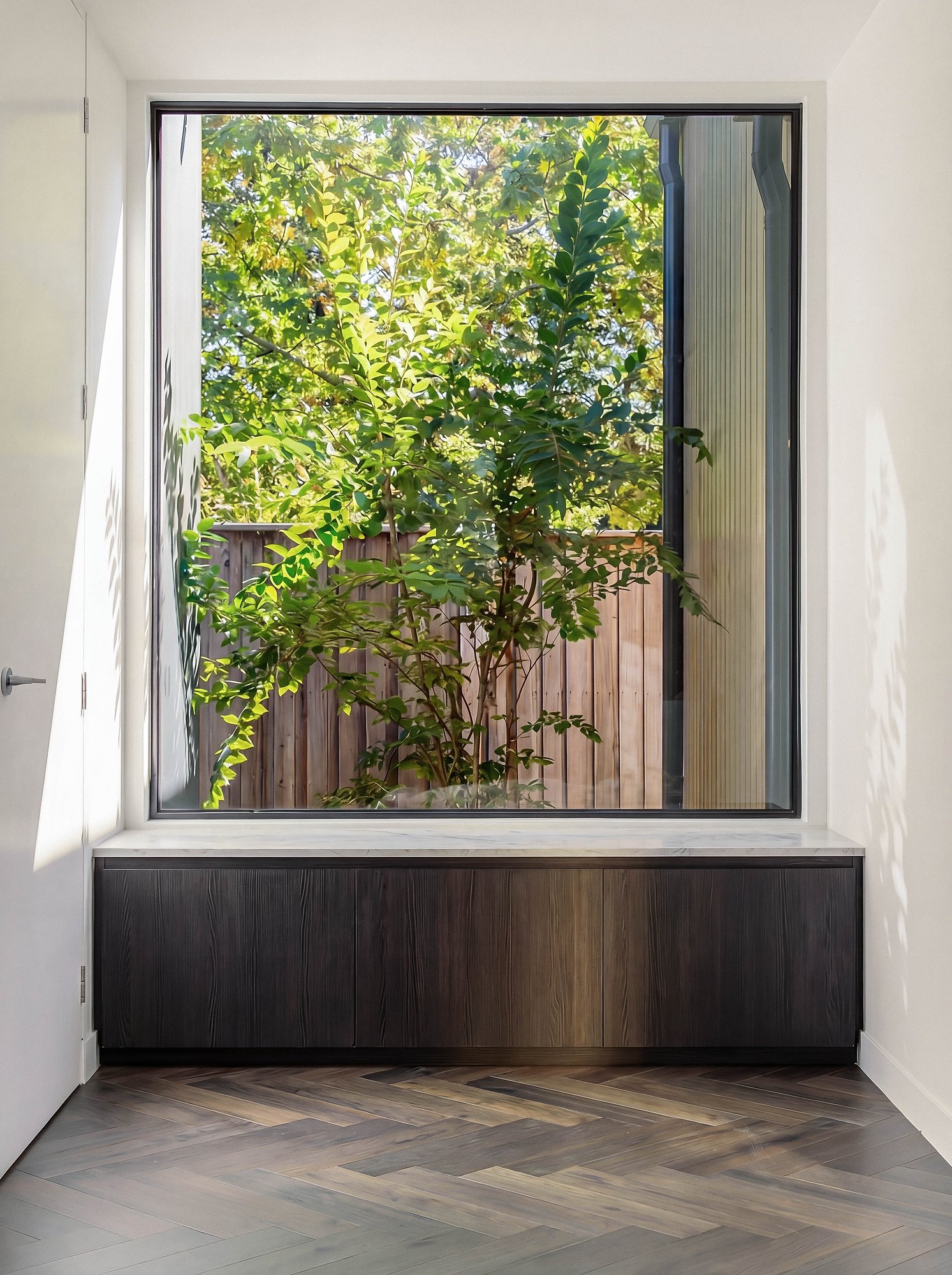 Floor-to-ceiling window frames established garden courtyard, with custom joinery bench in dark timber below.