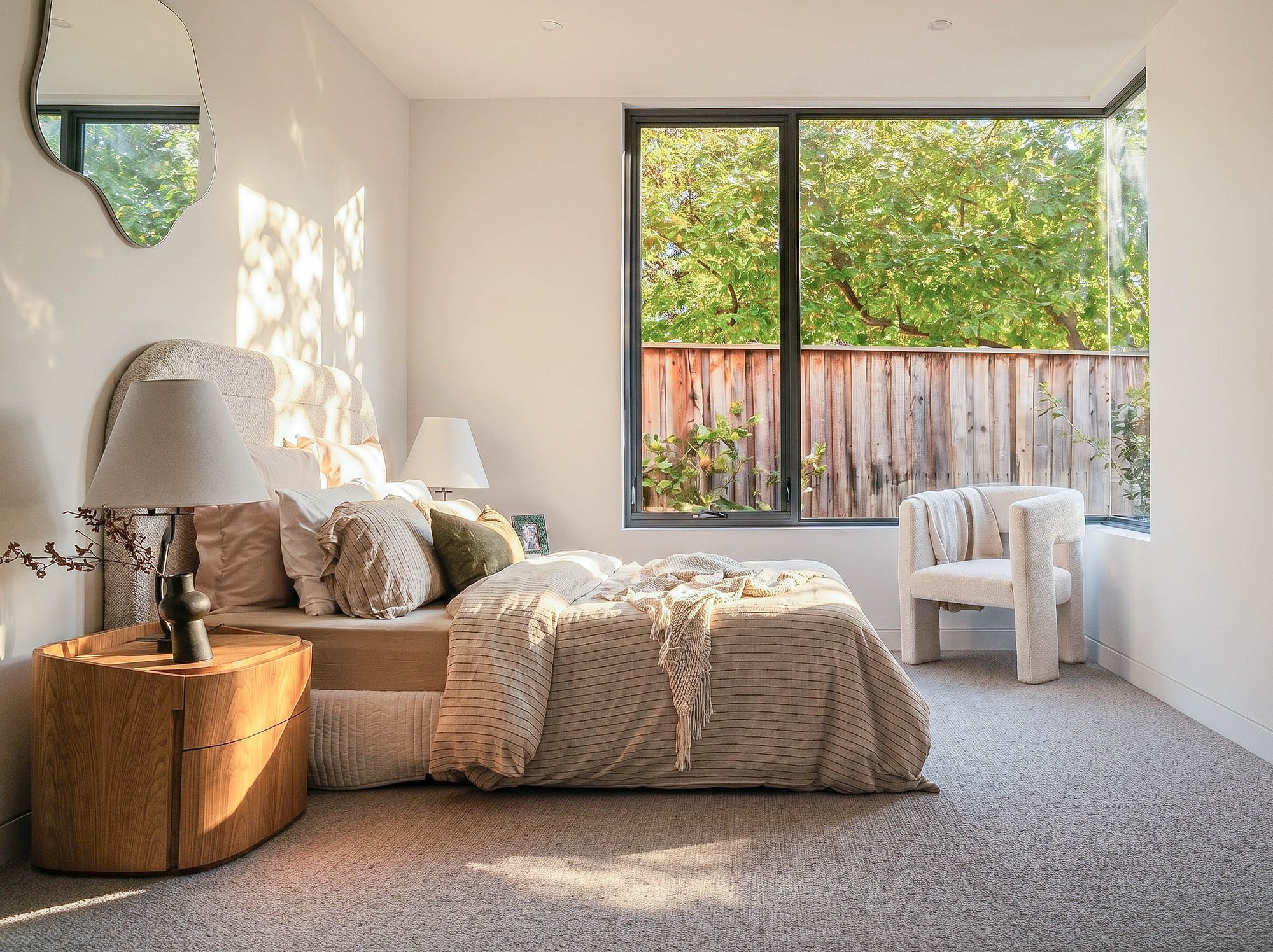 Bedroom with timber platform bed, American oak joinery, and black-framed windows overlooking established garden.
