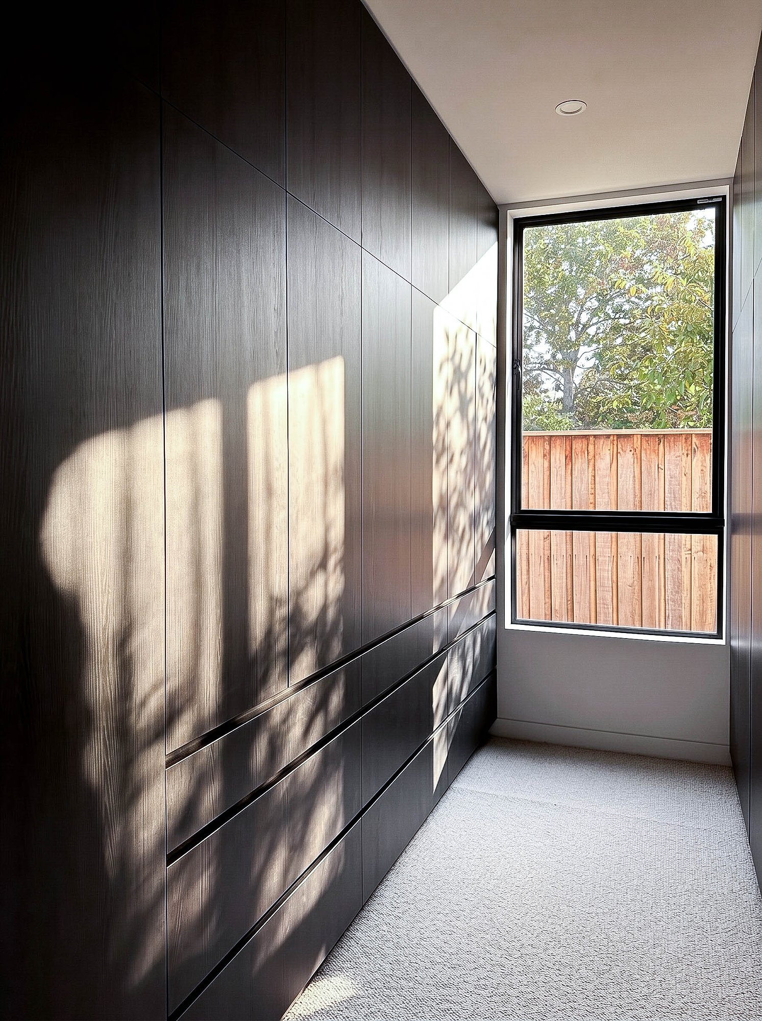 Blackbutt joinery wall with integrated storage faces large window overlooking timber fence and established trees.