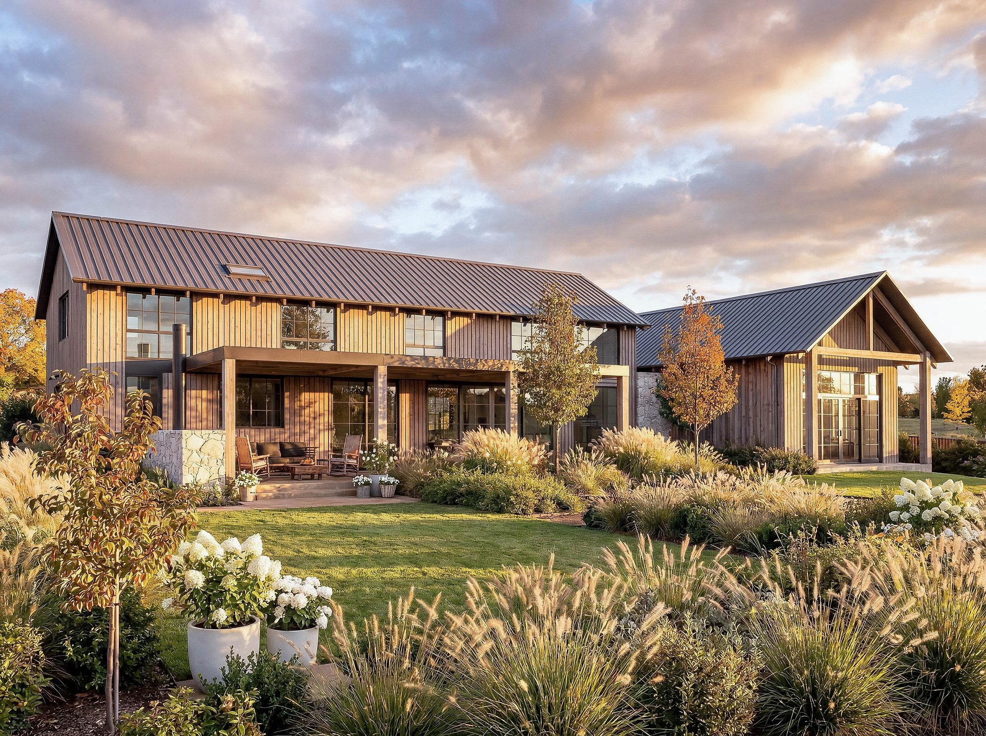 Contemporary home with corrugated metal roof and timber cladding, framed by native grasses under evening sky in Southern Highlands setting.